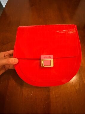 petite jolie Red Croc-Embossed Patent Crossbody with Pink Accent